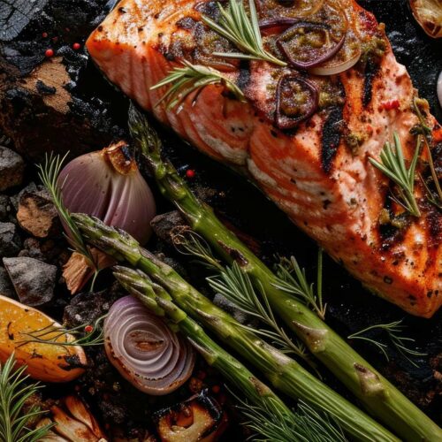 Lachs vom Grill mit grünem Spargel